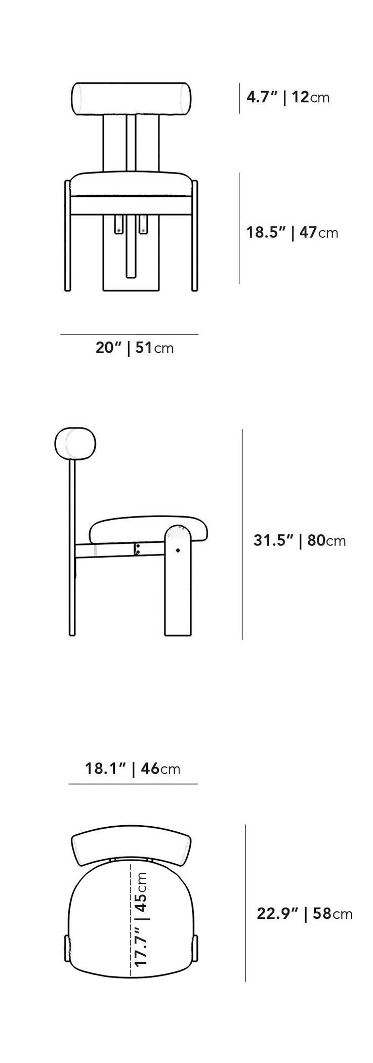 Dimensions de la chaise de salle à manger Tola